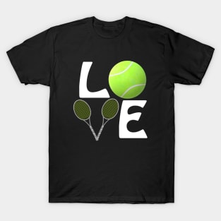 Tennis Love with Ball and Rackets for Players and Fans (White Letters) T-Shirt